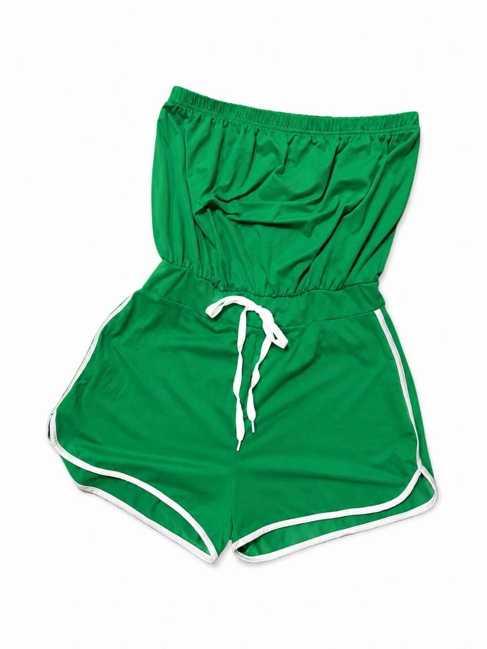 Justify Green Strapless Drawstring Romper with White Trim